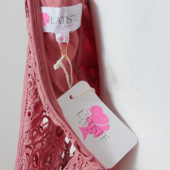 L'ATISTE Dusty Rose Pink Lace Eyelet Ruffle MockNeck Victorian French Boho Dress - Picture 2 of 16